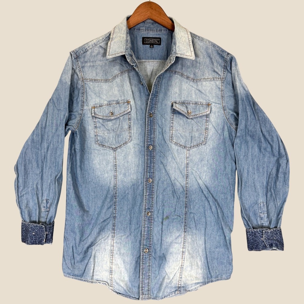 Coastal Denim Western Shirt Men L Blue Long Sleeve Flip Cuff Cowboy Workwear
